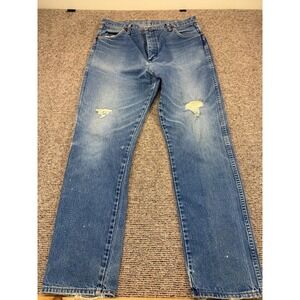 Wrangler 13MWZ Jeans Mens 36x31 Blue Distressed Workwear Made In USA Denim